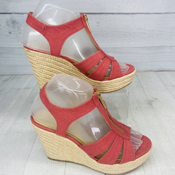 Michael Michael Kor BERKLEY PV20K Pink Canvas Jute Trim Platform Sandal Sz 7 M - Picture 2 of 13